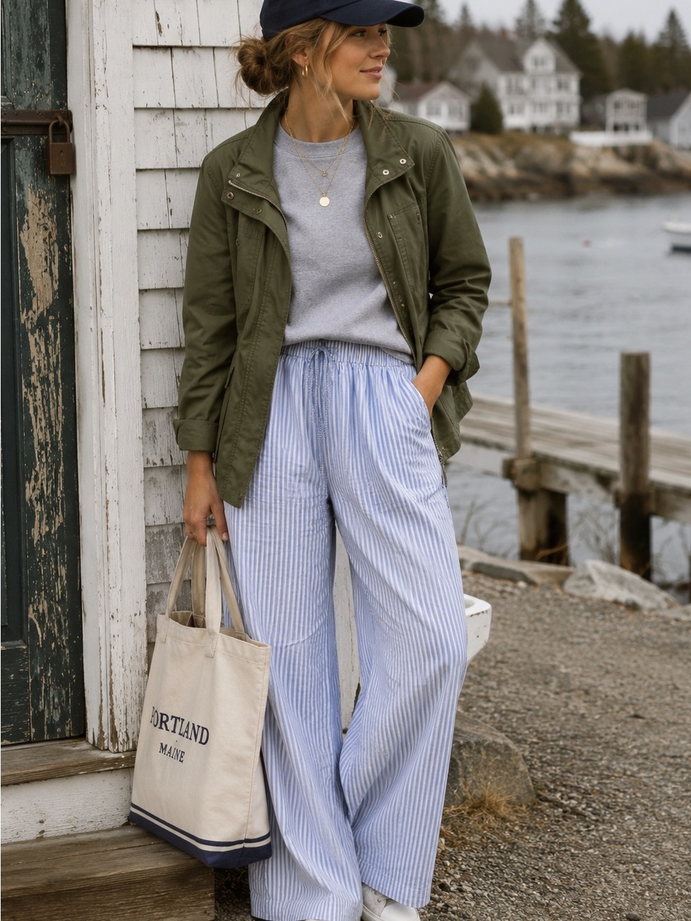 Blue White Stripe Wide Leg Linen Blend Pants Coastal Resort Beach Vacation